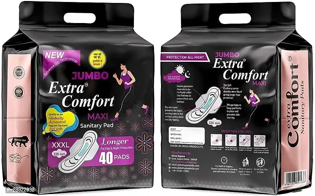 Jumbo Extra Comfort DAY  NIGHTS SANITARY PADS, 40 XXXL+ PADS, UPTO 0% LEAKS ALL NIGHT LONG, FOR HEAVY FLOW, SOFT WINGS, 320MM Pack 0f  1