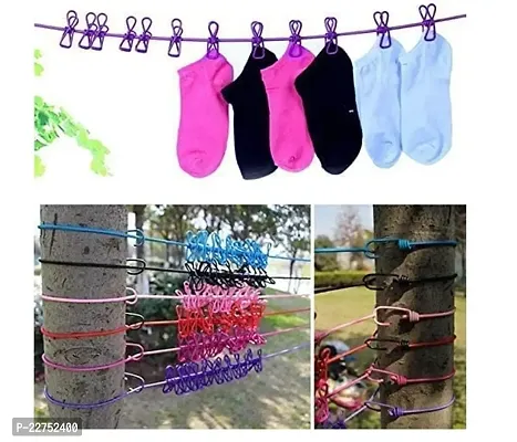 Portable Multi Functional Drying Rope with 12 Clips and 2 Hooks/Portable Outdoor Travel Clothesline Rope Clothes Hanging Hook (Pack of 1)-thumb3