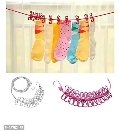 Cloth Drying Rope with Hooks (Pack of 1) Elastic Cloth Hanging Rope for Cloth Drying with 12 Clips Cloth Rope for Drying Clothes for Travel Home Outdoor Kapde Sukhane ki Rassi Wire -Multicolor-thumb2
