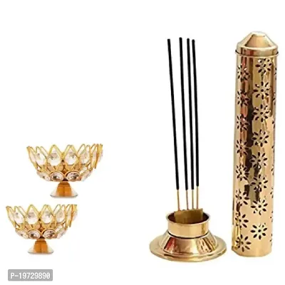 Brass Gallery Brass Small Bowl Crystal Diya Oil Lamp for Home Temple Puja  100% Brass for Temple, Home  Agarbatti Stand Safety Incense Holder with Ash Catcher (Large)-thumb0
