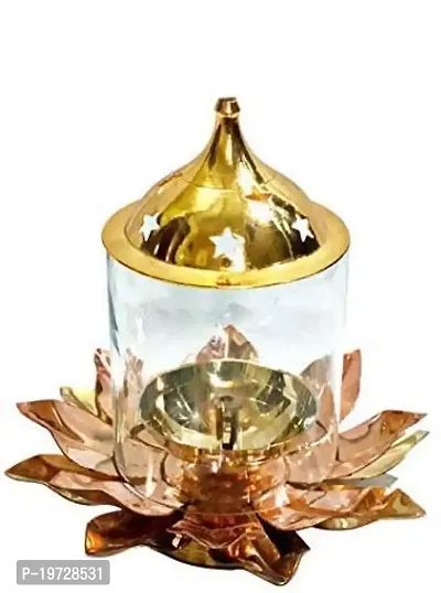 Brass Gallery Brass and Copper Lotus Shape Akhand Diya with Glass Kamal Patti Diya Table Diya with Lotus Glass