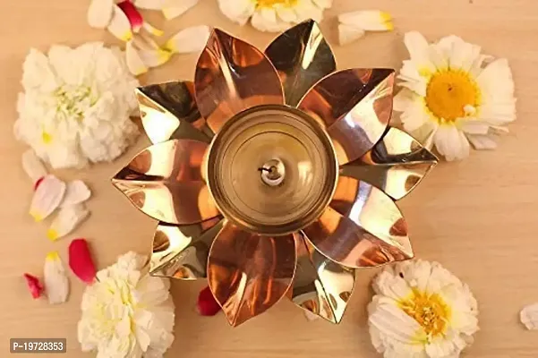 Brass Gallery Brass and Copper Lotus Shape Akhand Diya Kamal Patti Diya Brass Table Diya (Height: 2 Inch  Width: 6 Inch)-thumb0