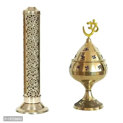 Brass Gallery Brass Jali Akhand Jyoti Deep with Stand, Cover and Om Diya/Oil Lamp (Gold_27 x 9 x 9 cm)-thumb0