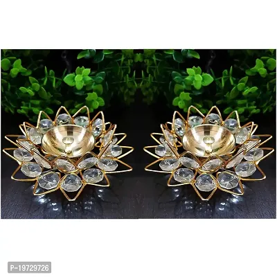 Brass Gallery Brass Flower Crystal Diya Akhand Jyoti Oil Lamp for Home Temple Puja Decor Gifts Pack of 2 pcs