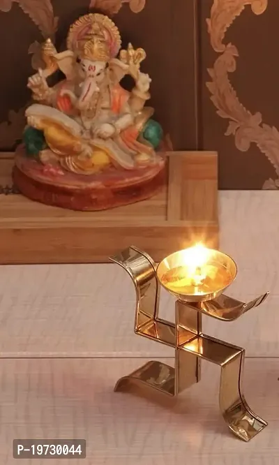 Brass Gallery Brass Swastik Diya Oil Puja Lamp Decorative for Home Office Gifts Decor for Pooja Set of 2 pcs (Om aarti Swastik Diya)-thumb2