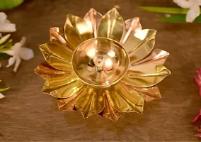 Brass Gallery Brass and Copper Lotus Shape Akhand Diya Kamal Patti Diya Brass Table Diya Set of 2 pcs (Height 2 inch Width 6 inch)-thumb2
