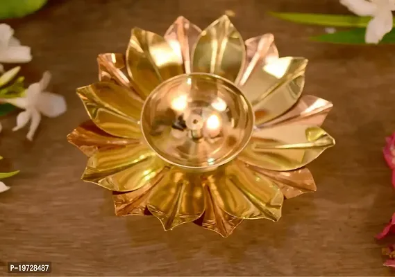 Brass Gallery Brass and Copper Lotus Shape Akhand Diya Kamal Patti Diya Brass Table Diya Set of 2 pcs (Height 2 inch Width 6 inch)-thumb3
