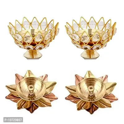 Brass Gallery Copper  Brass Small Lotus Shape Akhand Diya Kamal Patti Diya and Brass Small Bowl Crystal Diya Round Shape Kamal Deep Akhand Jyoti Oil Lamp for Home Temple Puja Decor Gifts-thumb0