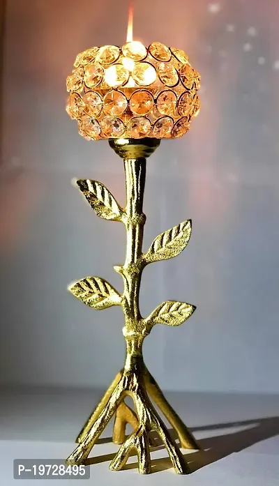 Brass Gallery Decorative Crystel Flower Tree Shape Tealight Iron and Aluminium Candle Holder-thumb2