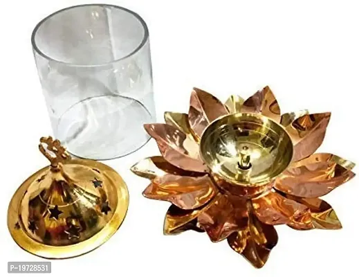 Brass Gallery Brass and Copper Lotus Shape Akhand Diya with Glass Kamal Patti Diya Table Diya with Lotus Glass-thumb2