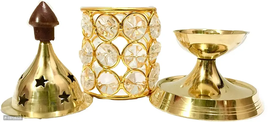 Brass Gallery Diamond Crystal Brass Akhand Diya Oil Lamp - Set of 2 Pieces-thumb2