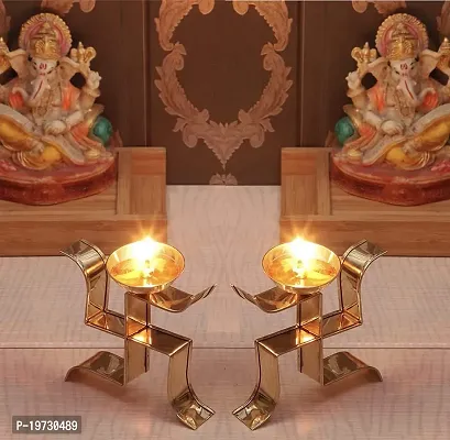 Brass Gallery Brass Swastik Diya Oil Puja Lamp Decorative for Gifts Decor for Pooja Set of 2 pcs-thumb0
