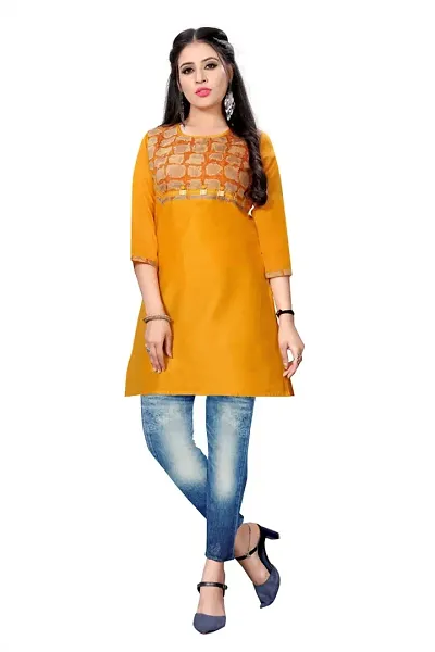 Stylish Chanderi Multicoloured 3/4 Sleeves Short Kurta For Women