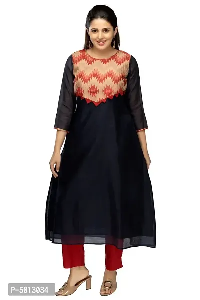 Stylish Chanderi Black 3/4 Sleeves Kurta With Pant Set For Women