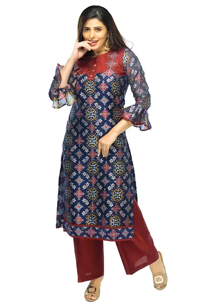 Stylish Chanderi Bell Sleeves Kurta With Palazzo Set For Women