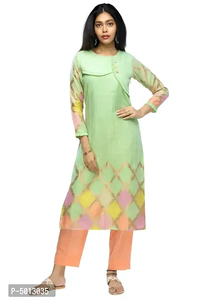 Stylish Chanderi Green 3/4 Sleeves Kurta With Pant Set For Women