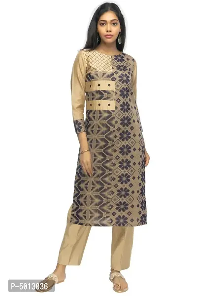 Stylish Chanderi Golden 3/4 Sleeves Kurta With Pant Set For Women-thumb0