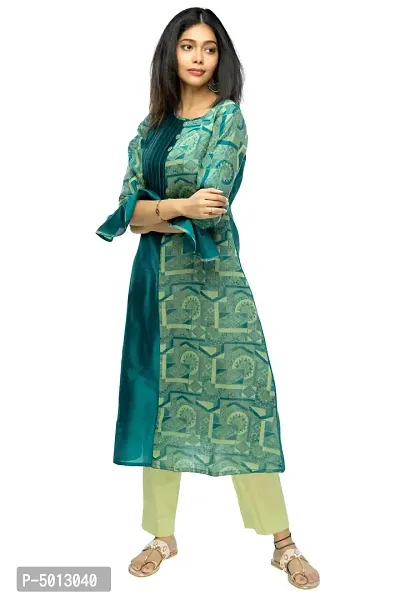 Stylish Chanderi Green Bell Sleeves Kurta With Pant Set For Women