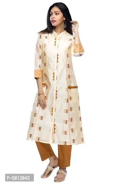 Stylish Chanderi Beige 3/4 Sleeves Kurta With Pant Set For Women