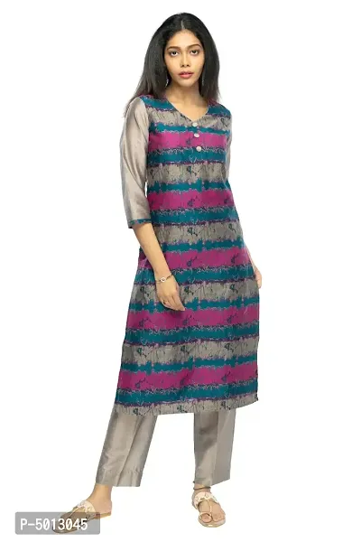 Stylish Chanderi Multicoloured 3/4 Sleeves Kurta With Pant Set For Women-thumb0