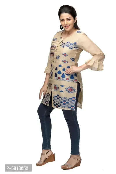 Stylish Chanderi Beige Bell Sleeves Short Kurta For Women