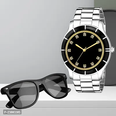 Unique  Stylish Stainless Steel Strap Analog Watch With Sunglasses For Mens
