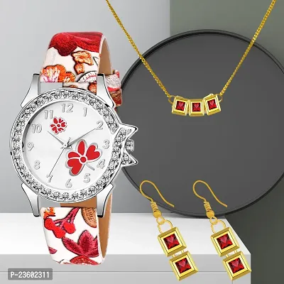 Hot Red Flower Print watch long with pretty necklace  earring set-thumb0