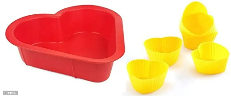 Round Durable Silicone Cake Mould, RED, 6 INCH with 6 Cupcake Muffins Mould (Set of 1 Cake Mould and 6 Cupcake Moulds)