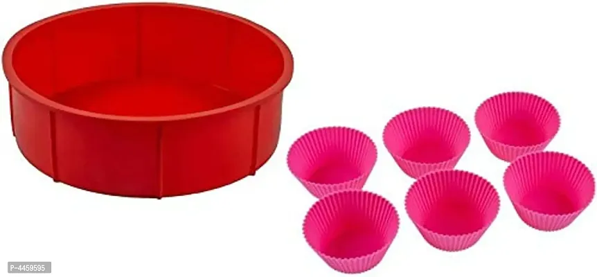 Round Durable Silicone Cake Mould, RED, 6 INCH  with 6 Cupcake Muffins Mould (Set of 1 Cake Mould and 6 Cupcake Moulds)