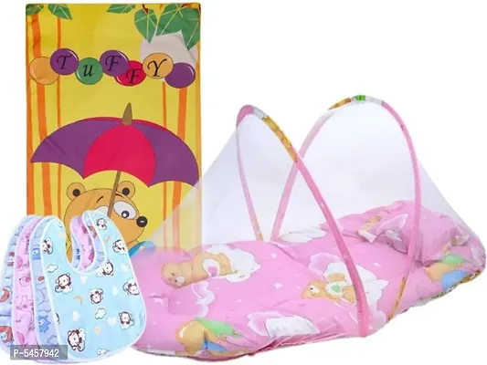 Portable Baby Bed With Pillow Crib Folding Mosquito Net (70x40cm) And  Microfiber Bath Towel & Waterproof Baby Bibs Combo (1 Bed+1Towel+4Bibs)-thumb0
