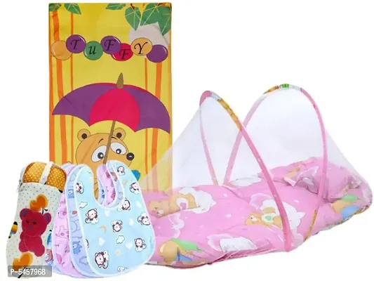 Portable Folding Net Baby Bed With Pillow(70x40cm) & Microfiber Bath Towel & Waterproof Bibs & Feeding Bottle Cover Combo (1 Bed+1Towel+1 Bottle Cover+4 Bibs)