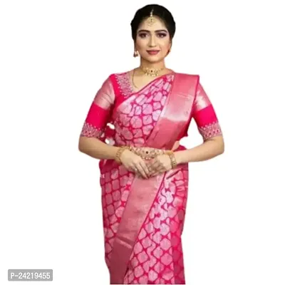 THE STYLE TRADER Women's Banarsi Soft Silk Saree With Blouse Piece (Pink)-thumb0