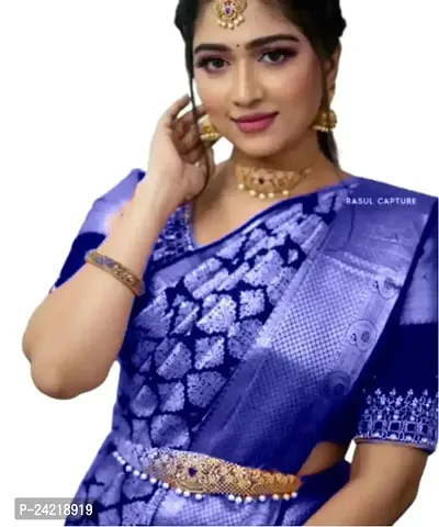 THE STYLE TRADER Women's Latest Stylish Banarsi Soft Silk Saree With Blouse Piece (Blue)