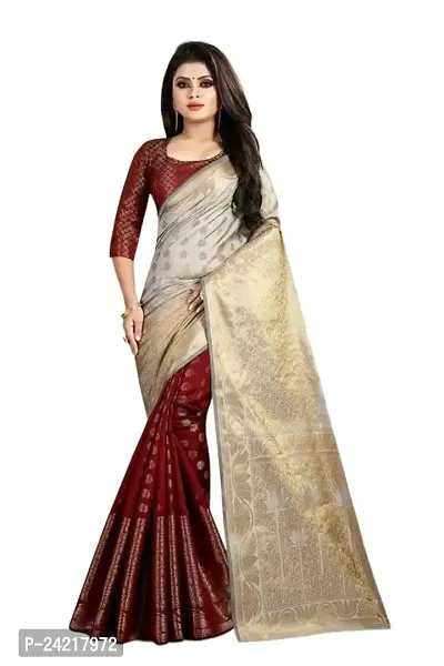 THE STYLE TRADER Women's Banarsi Soft Silk Saree With Blouse Piece (Grey Maroon)-thumb0