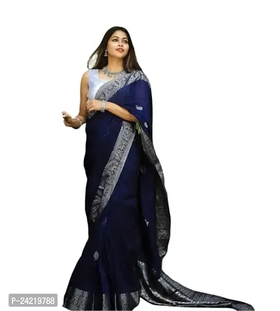 THE STYLE TRADER Women's Banarsi Soft  Comfortable Silk Saree With Blouse Piece (Dark Blue)-thumb0