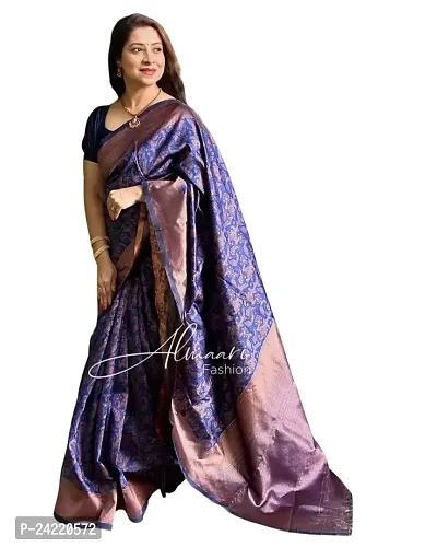 THE STYLE TRADER Women's Banarsi Soft Silk Saree With Jacquard Border Unstitched Blouse Piece (Blue)