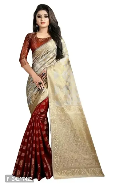 THE STYLE TRADER Women's Comfotable Banarsi Soft Silk Saree With Blouse Piece (Grey Maroon)