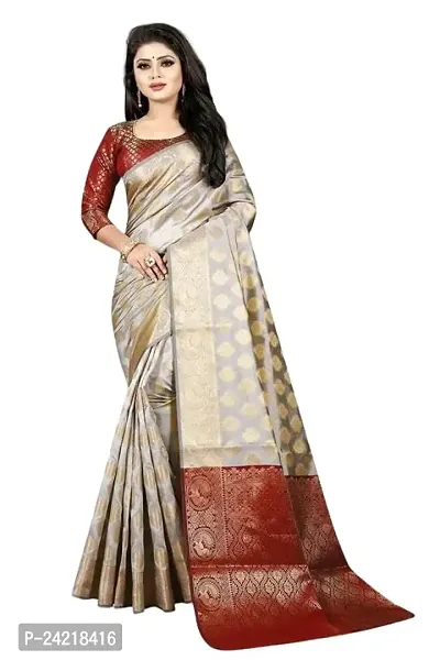 THE STYLE TRADER Women's Stylish Banarsi Soft Silk Saree With Blouse Piece (Grey Maroon)-thumb0