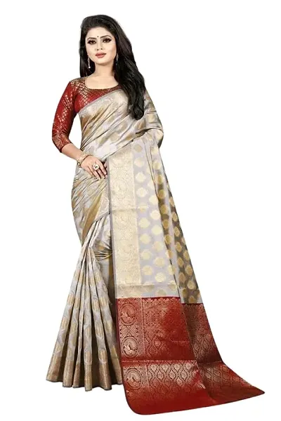 THE STYLE TRADER Women's Stylish Banarsi Soft Silk Saree With Blouse Piece (Grey Maroon)