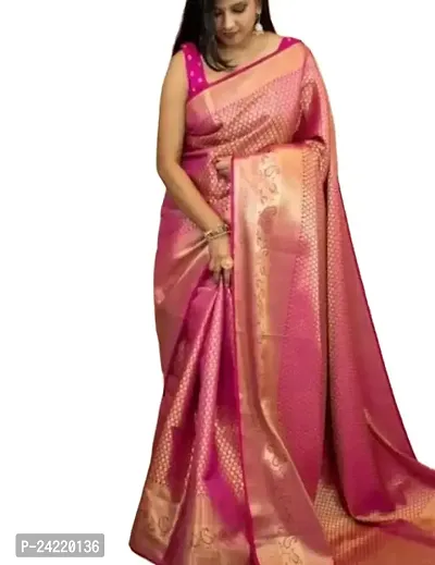 THE STYLE TRADER Women's Banarsi Soft Silk Saree With Blouse Piece (Rani Pink)-thumb0