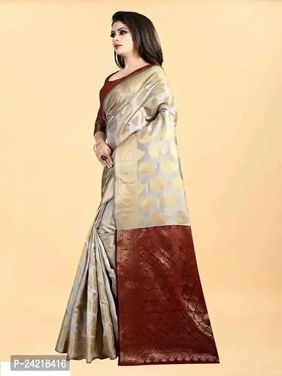 THE STYLE TRADER Women's Stylish Banarsi Soft Silk Saree With Blouse Piece (Grey Maroon)-thumb4