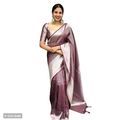THE STYLE TRADER Women's Banarsi Soft Silk Saree With Blouse Piece (Silver)
