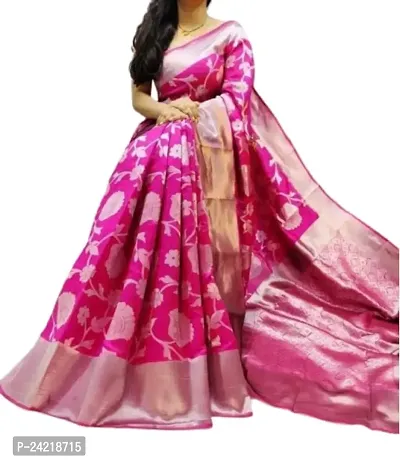 THE STYLE TRADER Women's Banarsi Soft Silk Saree With Unstitched Blouse Piece (Pink)