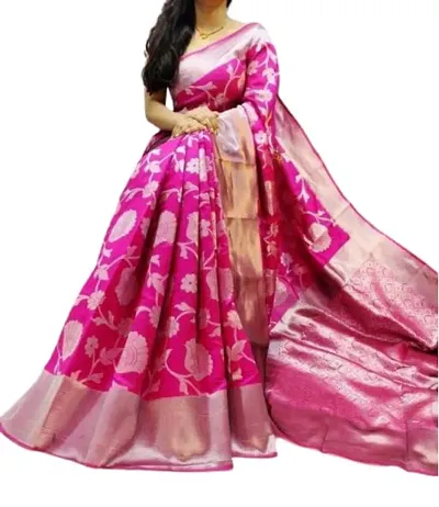 THE STYLE TRADER Women's Banarsi Soft Silk Saree With Unstitched Blouse Piece (Pink)