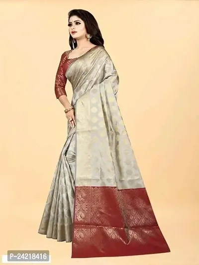 THE STYLE TRADER Women's Stylish Banarsi Soft Silk Saree With Blouse Piece (Grey Maroon)-thumb5