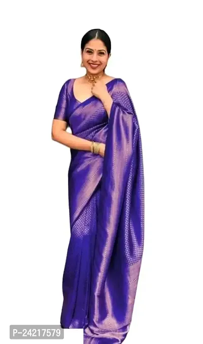 THE STYLE TRADER Women's Banarsi Soft Silk Saree With Blouse Piece (Navy Blue)-thumb0