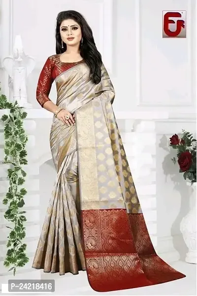 THE STYLE TRADER Women's Stylish Banarsi Soft Silk Saree With Blouse Piece (Grey Maroon)-thumb3