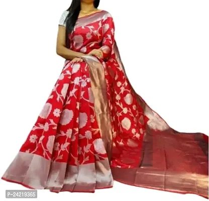 THE STYLE TRADER Women's Banarsi Soft Silk Saree With Unstitched Blouse Piece (Red)