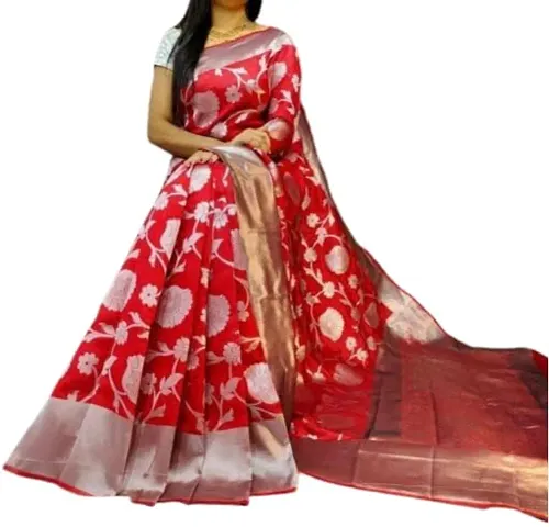 THE STYLE TRADER Women's Banarsi Soft Silk Saree With Unstitched Blouse Piece (Red)