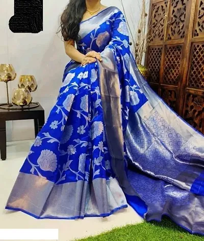 Fancy Women's Soft Lichi Silk Saree Beautiful Printed, kanchipuram Sari, Partywear & Special Occasion with Unstitched Jacquard Modern Blouse Piece (Blue)